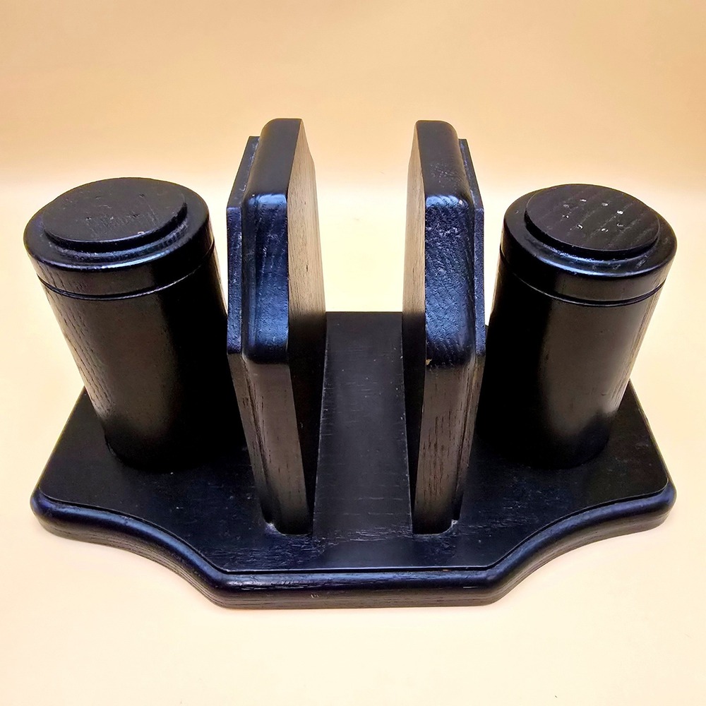 Vintage Cornwall USA Black Wood Napkin Holder Salt and Pepper Shaker Set MCM‎